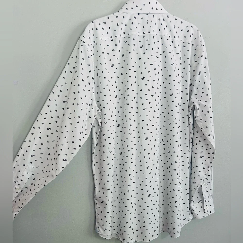 Banana Republic Men Slim Fit White Black Floral Non-Iron Cotton Dress Shirt Sz L